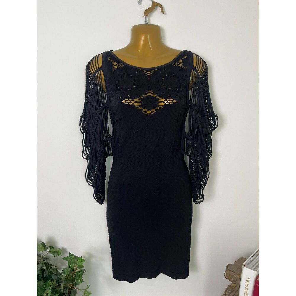 BEBE Dark Boho Crochet Cutout Little Black Dress XS Made in USA